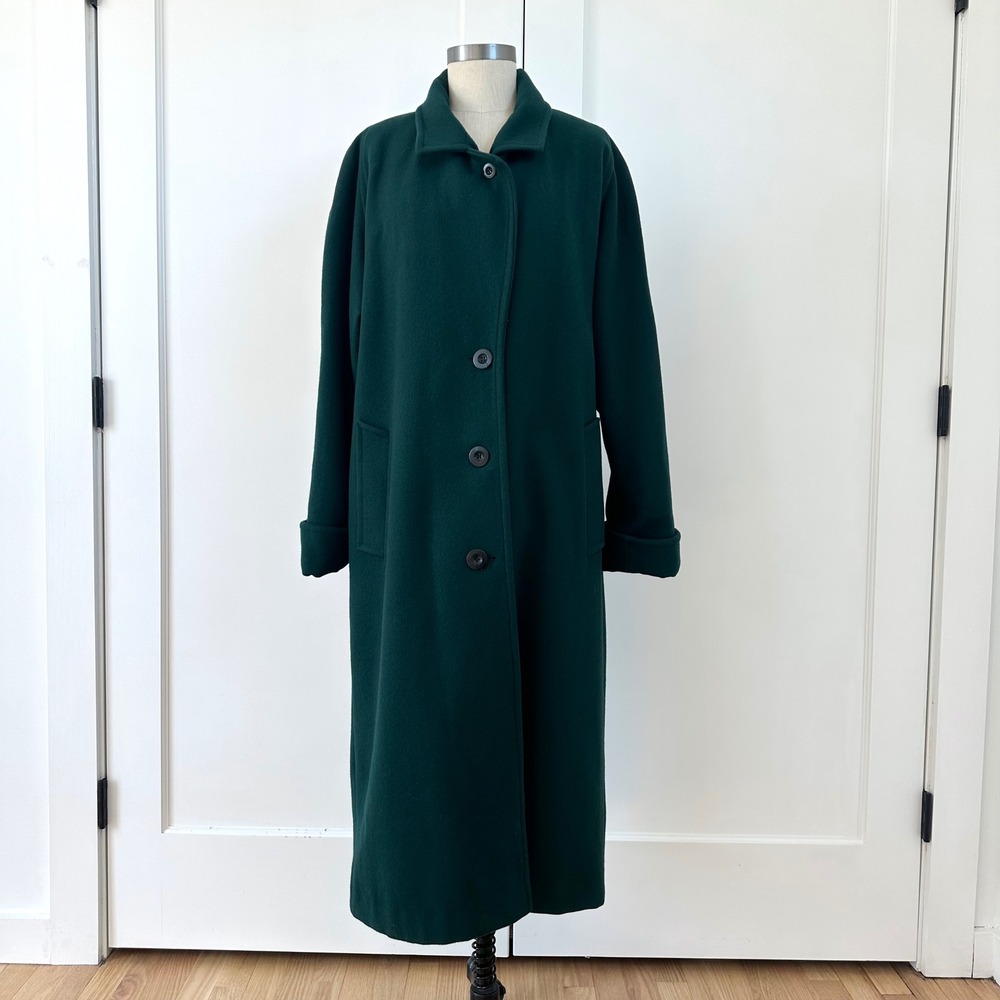 Casual Corner Vintage Forest Green 100% Pure Wool Long Overcoat USA Large‎ 90s